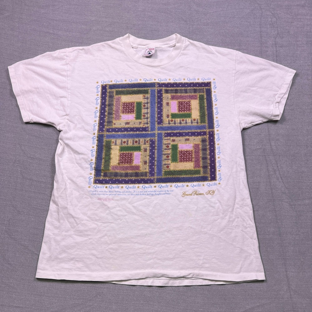 Vintage Delta Quilt Graphic T Shirt Womens Large White Short Sleeve‎ Made in USA